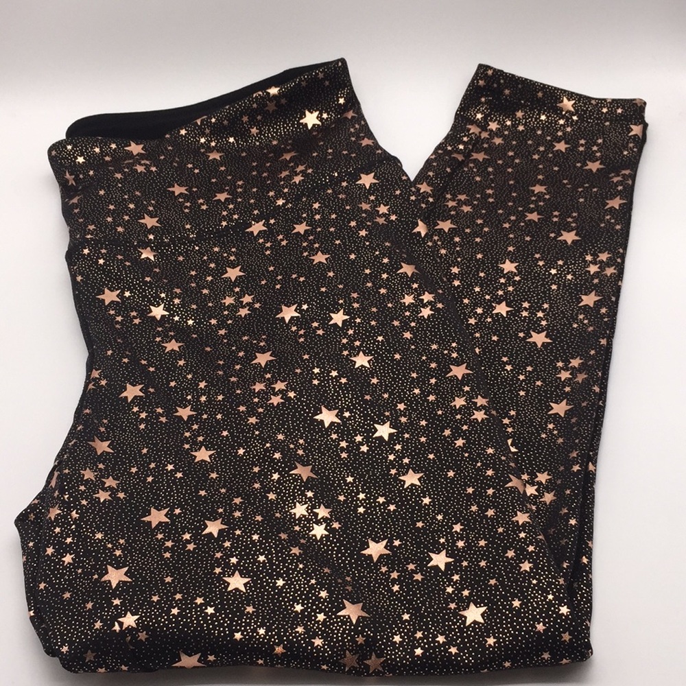 Vogo Athletica Ladies Yoga Capris Pants Black Gold Stars Size Large